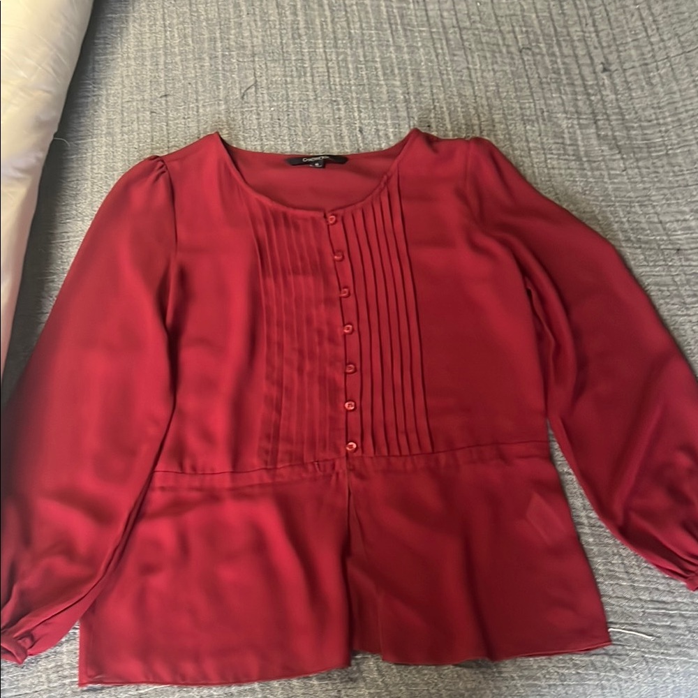 Chadwicks Red Pleated 3/4 Sleeve Bib Collar Blouse